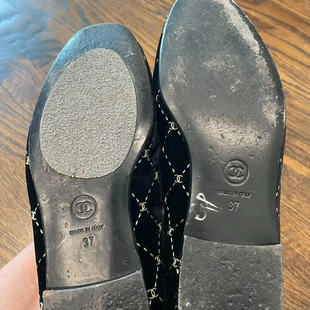 CHANEL Black Velvet Diamond Loafers Logo Smoking Slippers